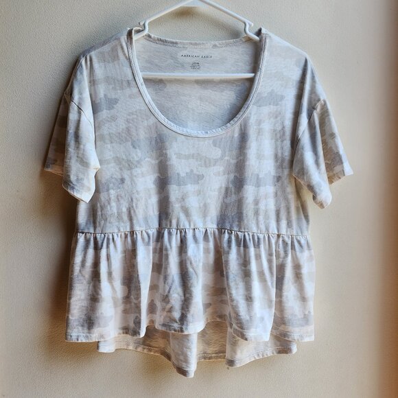 American Eagle Outfitters Gray Camo Scoop Neck Ruffled Jersey Size Small - Picture 5 of 12
